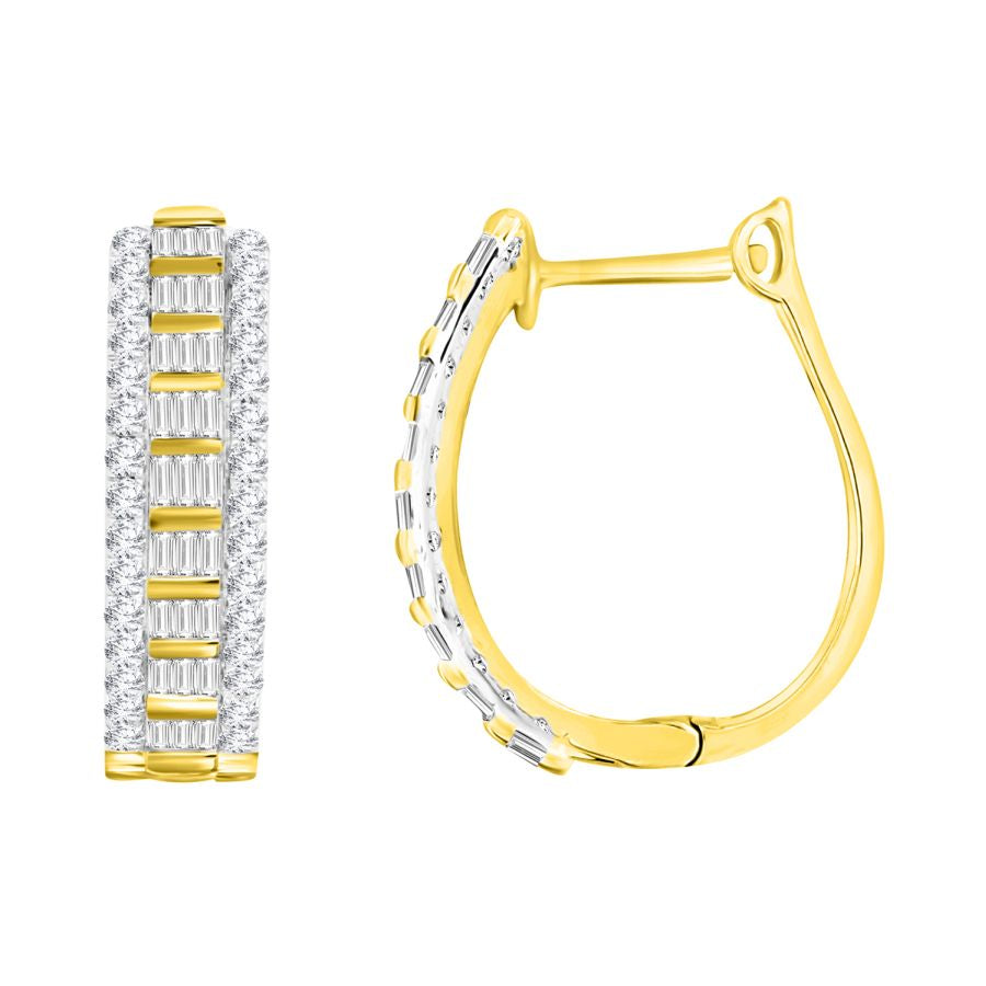 LADIES HOOP EARRINGS 0.50CT ROUND/BAGUETTE DIAMOND 10K YELLOW GOLD