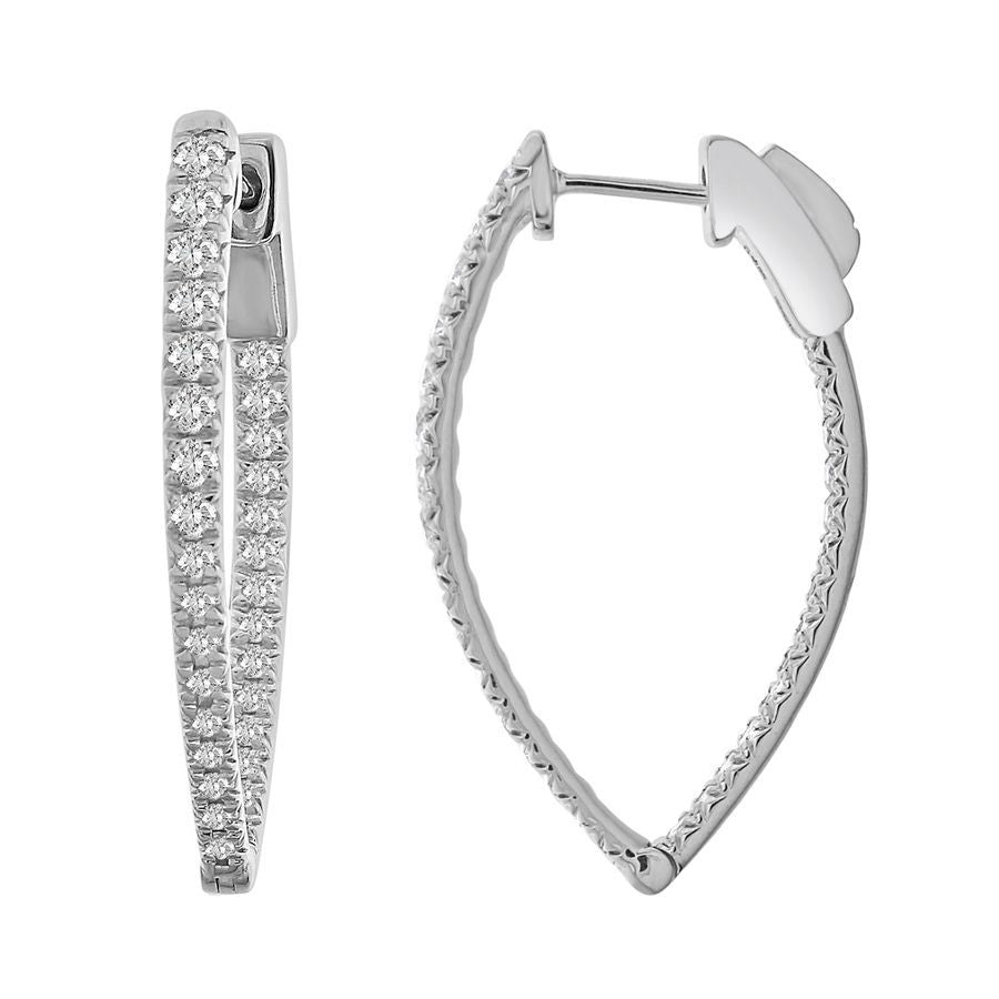 LADIES HOOP EARRINGS 1.00CT ROUND DIAMOND 10K WHITE GOLD