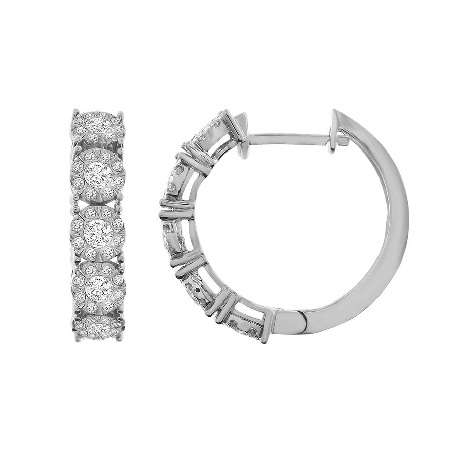 LADIES HOOP EARRINGS 1.00CT ROUND DIAMOND 10K WHITE GOLD