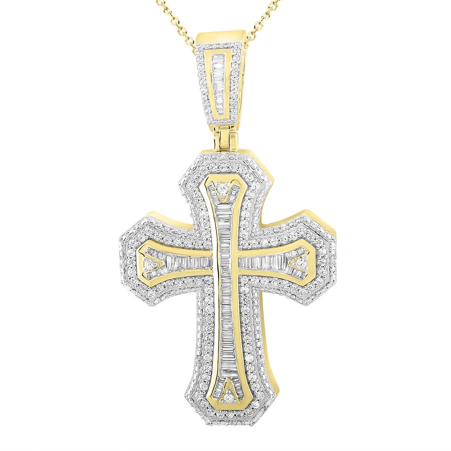 MEN'S CROSS PENDANT 1.50CT ROUND/BAGUETTE DIAMOND 10K YELLOW GOLD