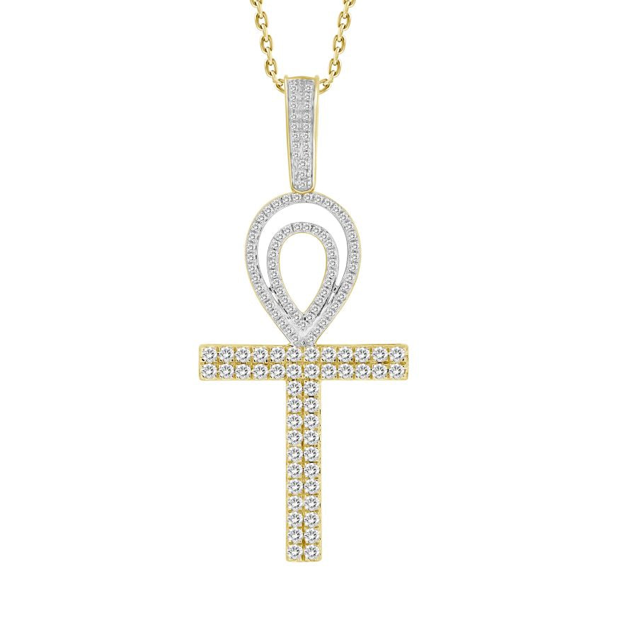 MEN'S CROSS CHARM 1.00CT ROUND DIAMOND 10K YELLOW GOLD