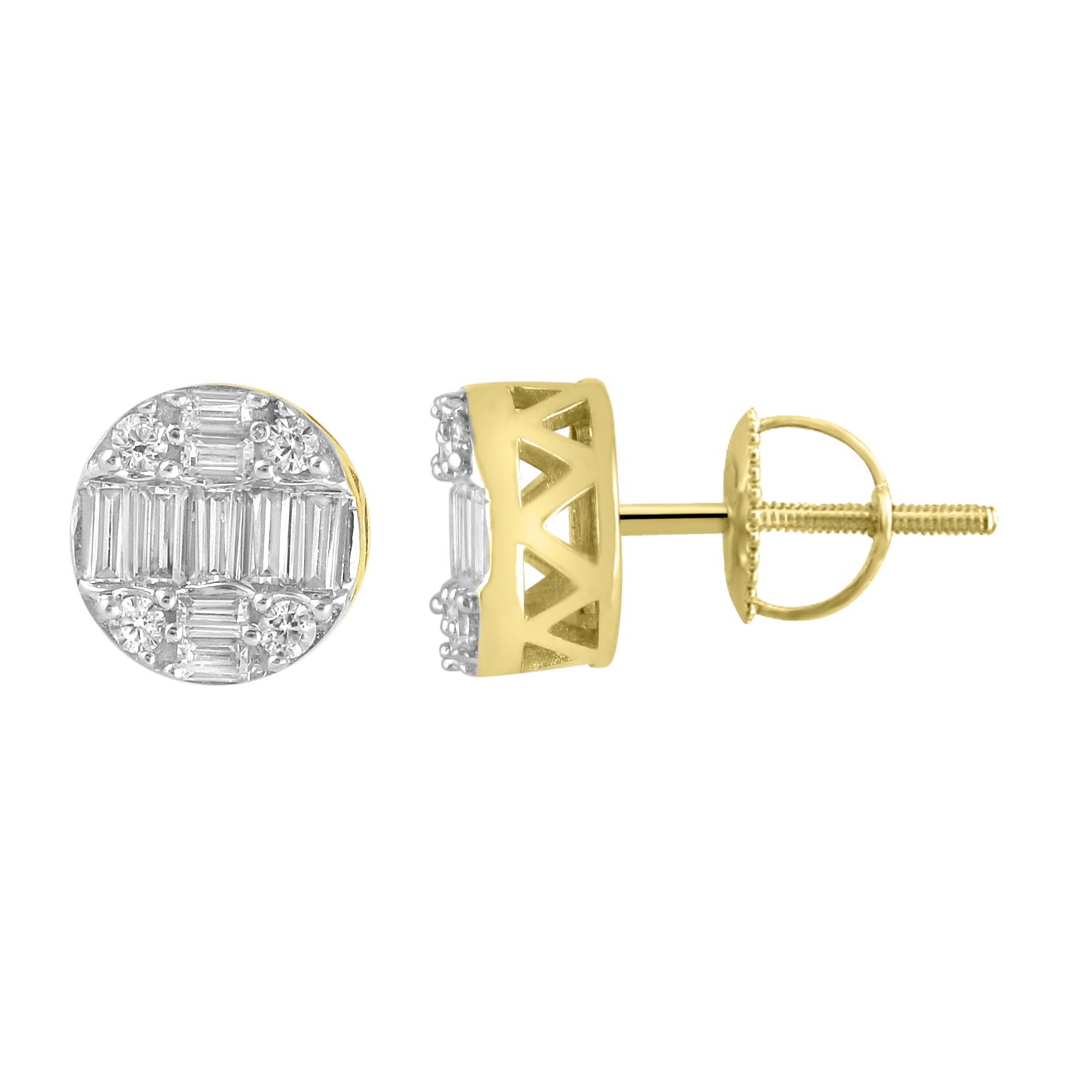 MEN'S EARRINGS 0.50CT ROUND/BAGUETTE DIAMOND 10K YELLOW GOLD