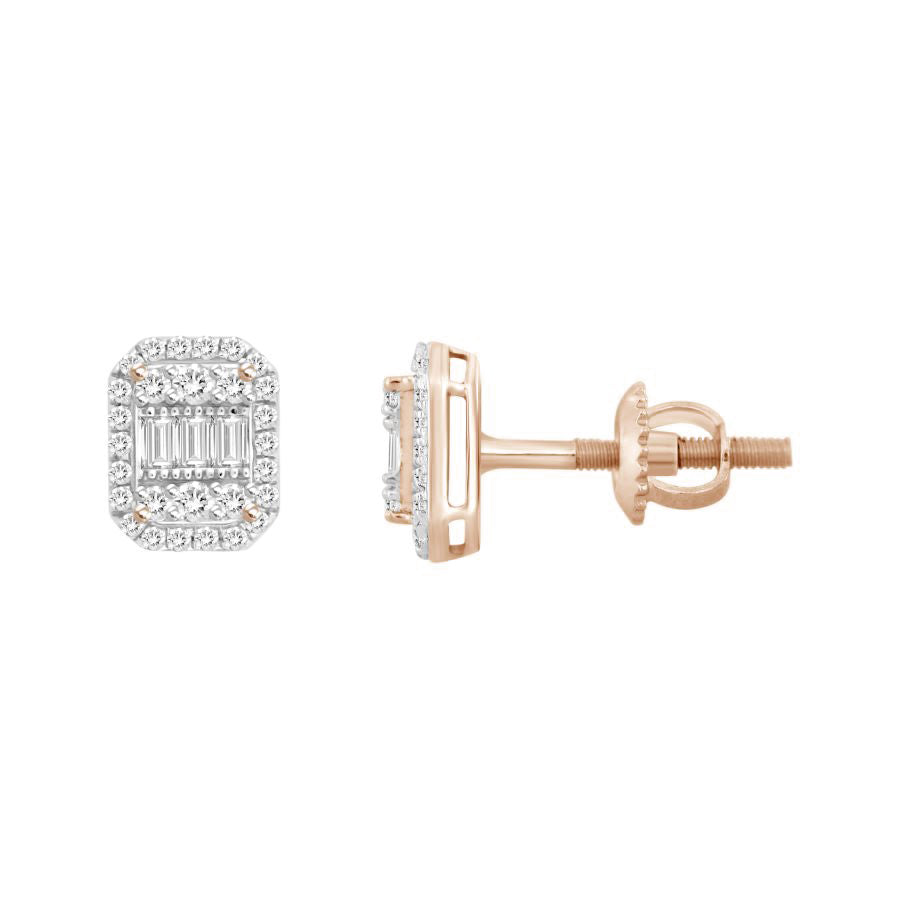 LADIES EARRINGS 0.25CT ROUND/BAGUETTE DIAMOND 10K ROSE GOLD