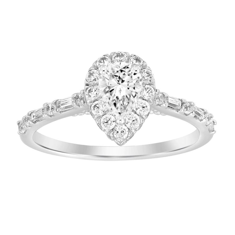 LADIES RING 1.00CT ROUND/BAGUETTE DIAMOND 14K WHITE GOLD (SI QUALITY) (CENTER STONE 0.50CT PEAR DIAMOND)