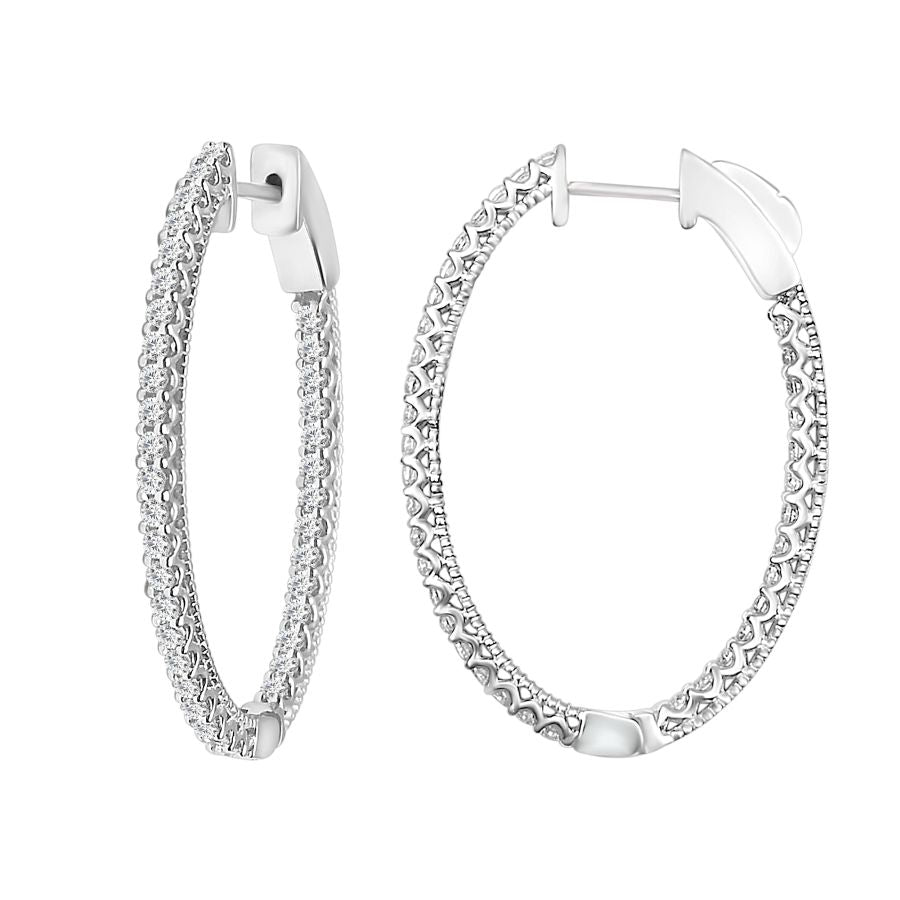 LADIES HOOP EARRINGS 1.00CT ROUND DIAMOND 10K WHITE GOLD