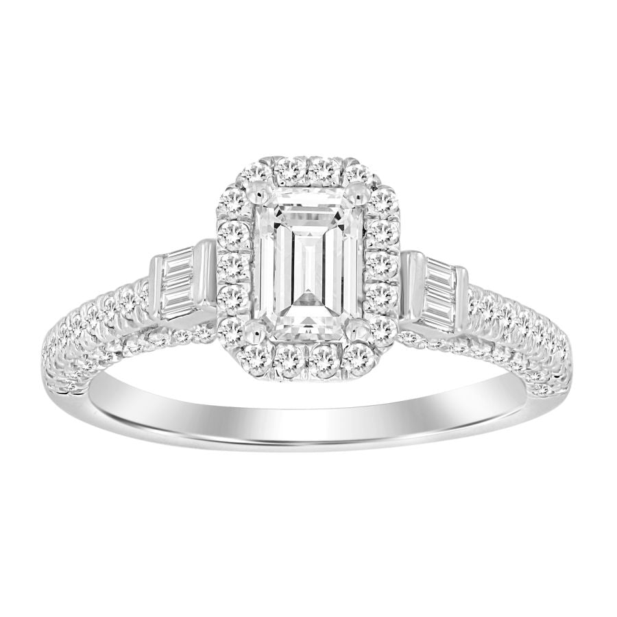 LADIES RING 1.30CT ROUND/BAGUETTE DIAMOND 14K WHITE GOLD (SI QUALITY) (CENTER STONE 0.75CT EMERALD DIAMOND) 