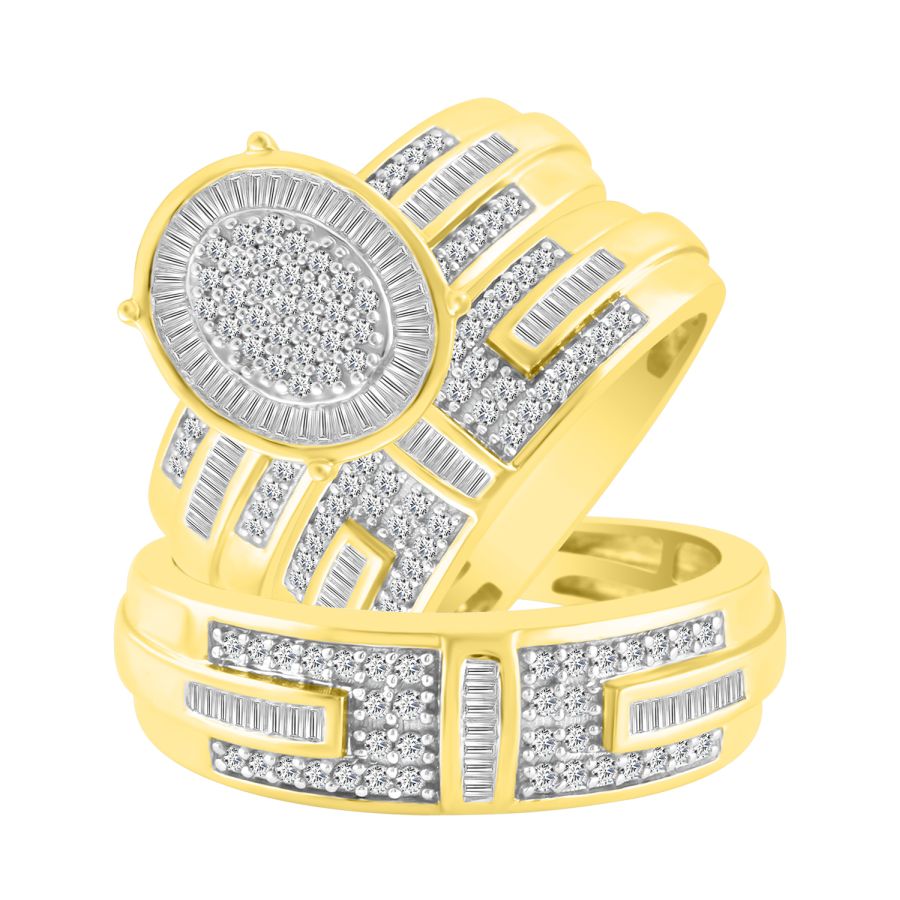 UNISEX TRIOS SET 1.00CT ROUND/BAGUETTE DIAMOND 10K YELLOW GOLD