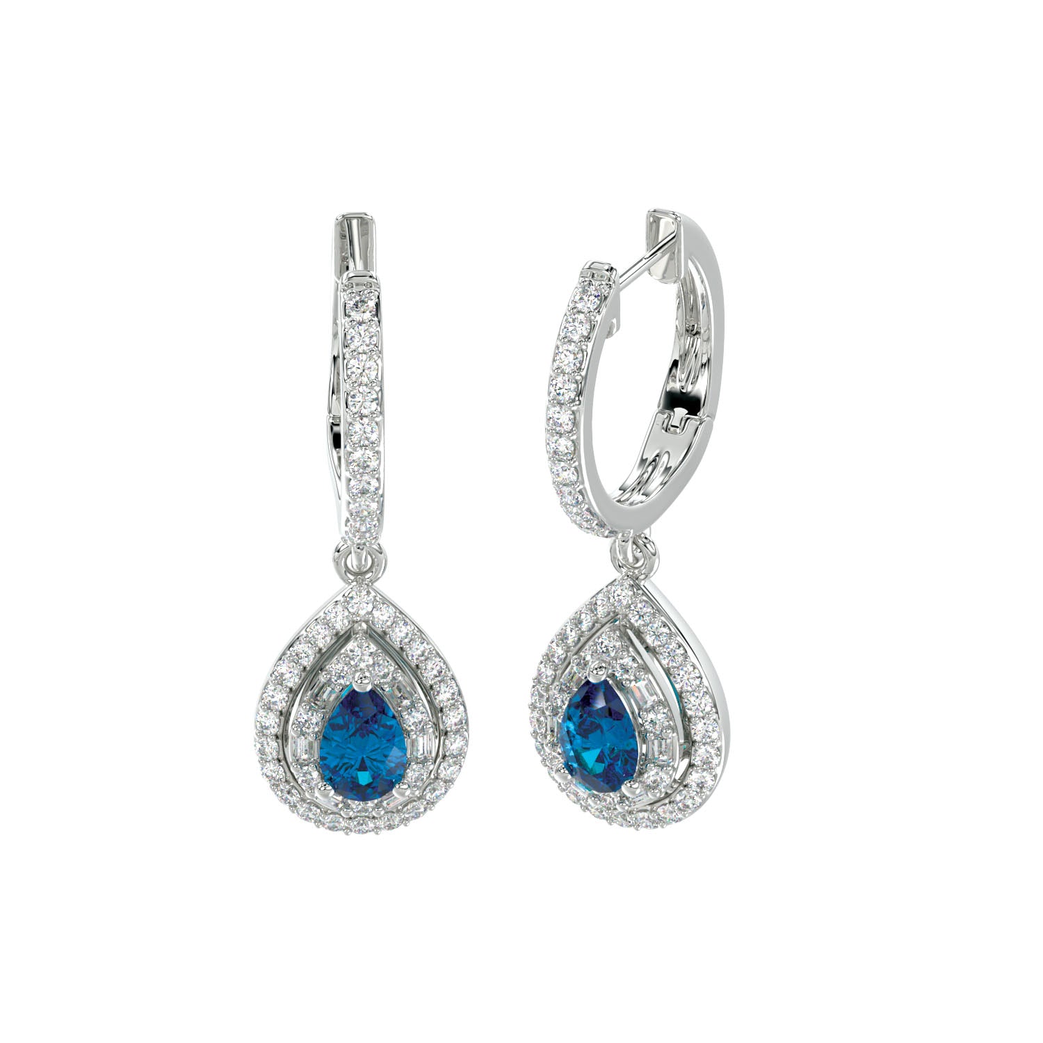 LADIES HOOPS EARRING 1.40CT ROUND/ PEAR DIAMOND 14K WHITE GOLD  (TANZANITE  PAER  DIAMOND 0.75CT)