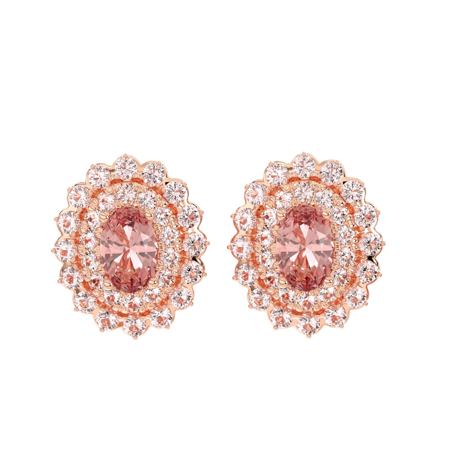 LADIES EARRING 1.33CT ROUND/OVAL DIAMOND 14K ROSE GOLD  (PEACH MORGANITE OVAL 0.75CT)