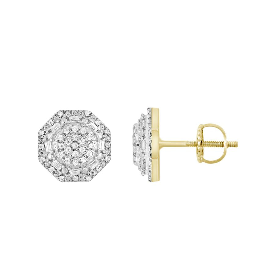 LADIES STUD EARRINGS 0.25CT ROUND/BAGUETTE DIAMOND 10K YELLOW GOLD