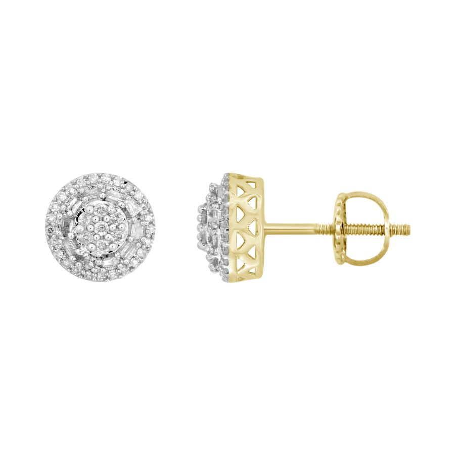 LADIES STUD EARRINGS 0.33CT ROUND/BAGUETTE DIAMOND 10K YELLOW GOLD