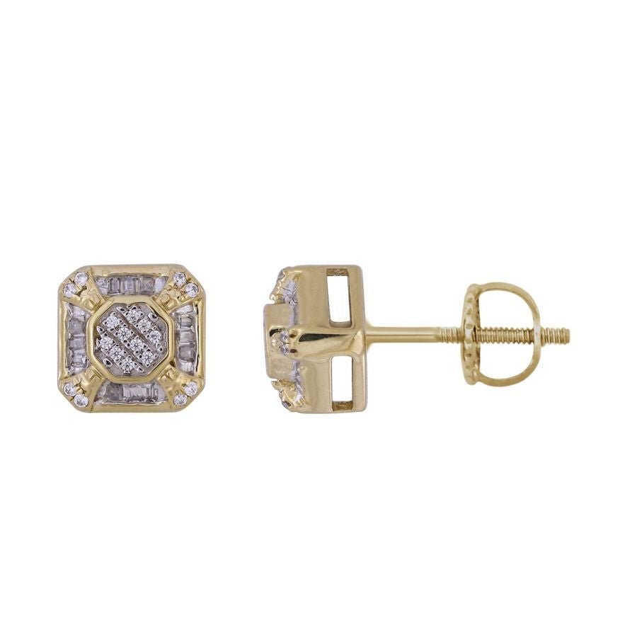 LADIES STUD EARRINGS 0.20CT ROUND/BAGUETTE DIAMOND 10K YELLOW GOLD