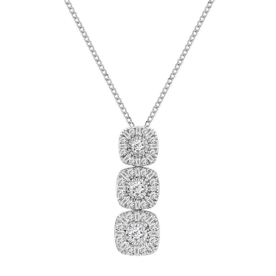 LADIES PENDANT WITH CHAIN 1.00CT ROUND/BAGUETTE DIAMOND 14K WHITE GOLD (SI QUALITY)