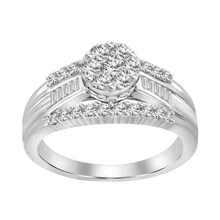 LADIES RING 1.00CT ROUND/BAGUETTE DIAMOND 10K WHITE GOLD