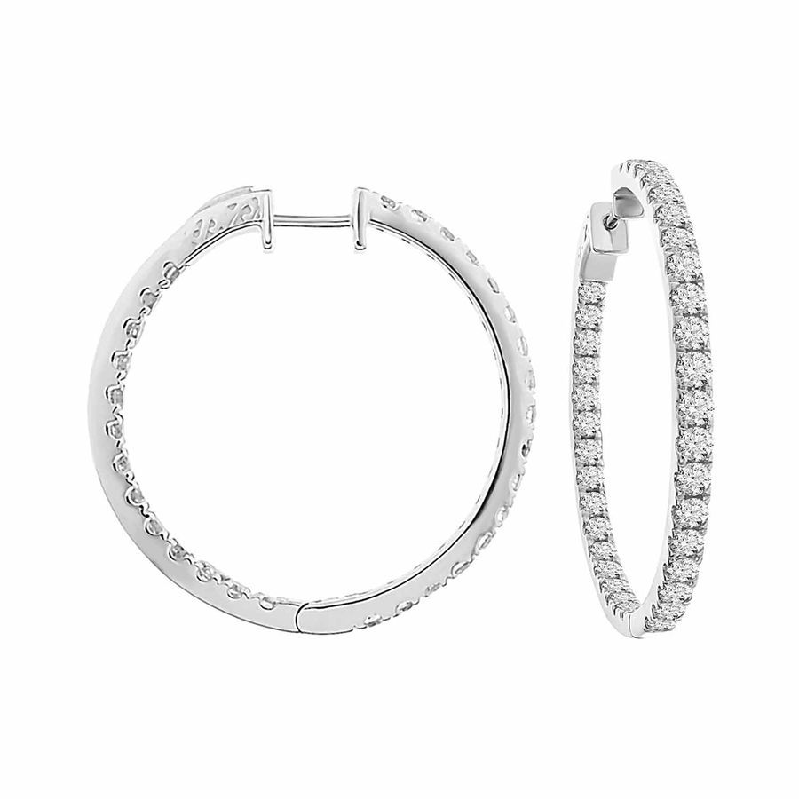 LADIES HOOP EARRINGS 7.00CT ROUND DIAMOND 14K WHITE GOLD