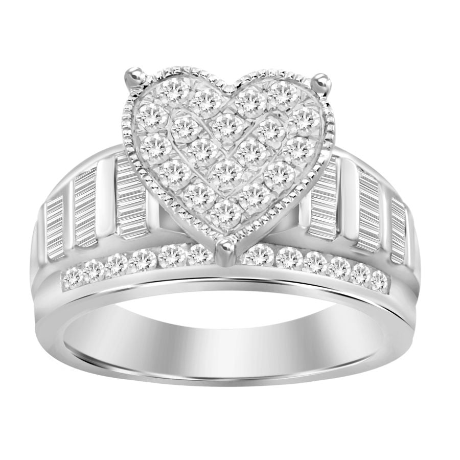 LADIES RING 1.00CT ROUND/BAGUETTE DIAMOND 10K WHITE GOLD