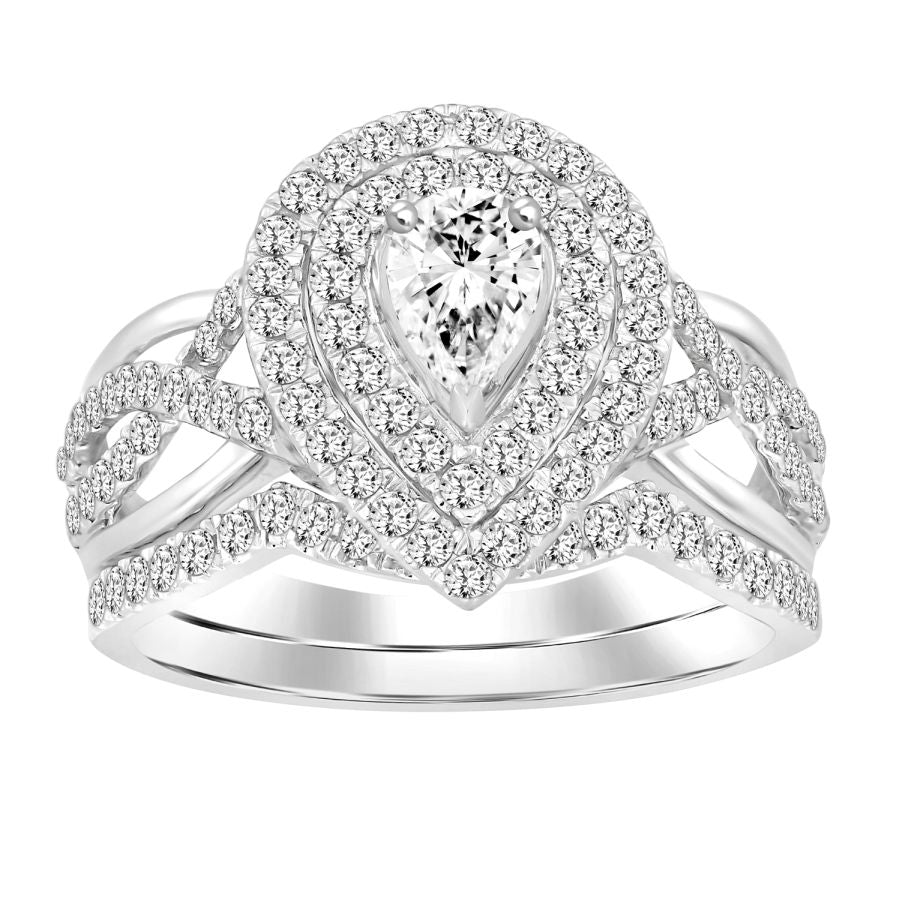 LADIES BRIDAL SET 1.00CT ROUND DIAMOND 14K WHITE GOLD (CENTER STONE 0.20CT PEAR DIAMOND) 