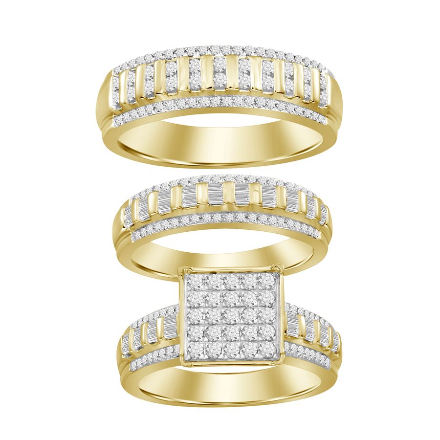 LADIES TRIOS SET 1.25CT ROUND/BAGUETTE DIAMOND 10K YELLOW GOLD