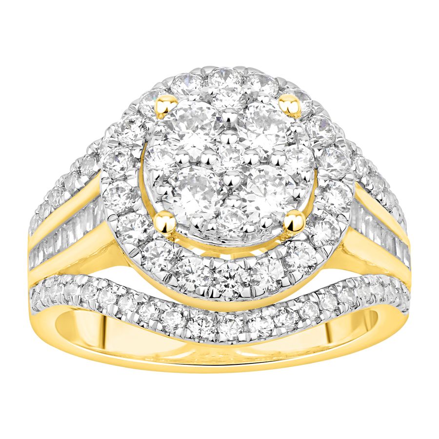 LADIES RING 2.00CT ROUND/BAGUETTE DIAMOND 10K YELLOW GOLD