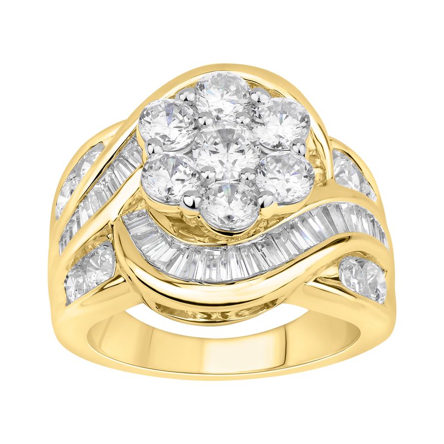 LADIES RING 3.00CT ROUND/BAGUETTE DIAMOND 10K YELLOW GOLD