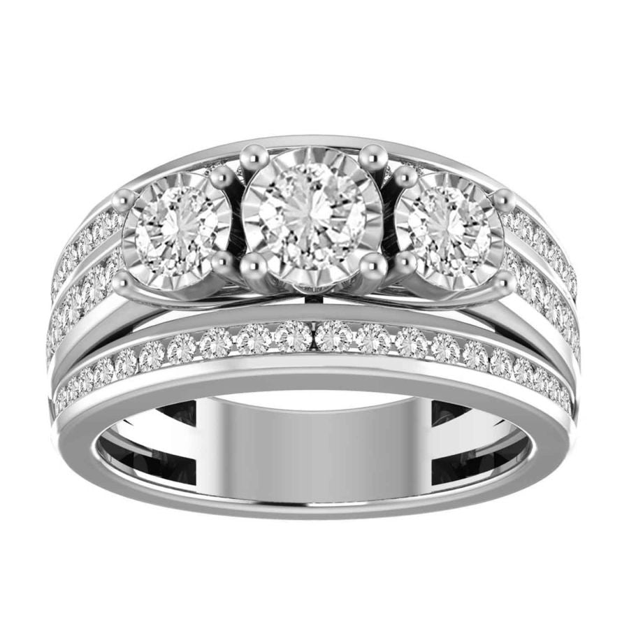 3 STONE LADIES RING 1.50CT ROUND DIAMOND 14K WHITE GOLD