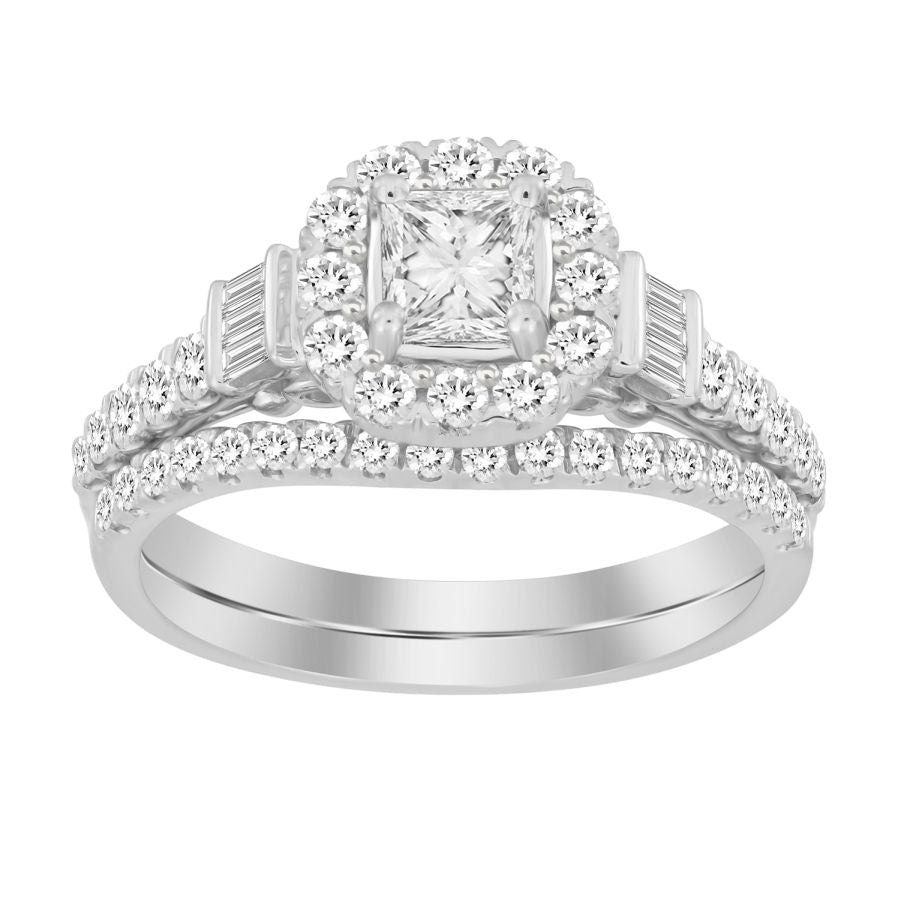 LADIES BRIDAL SET 1.00CT ROUND/PRINCESS/BAGUETTE DIAMOND 14K WHITE GOLD (CENTER STONE 0.33CT PRINCESS DIAMOND) 