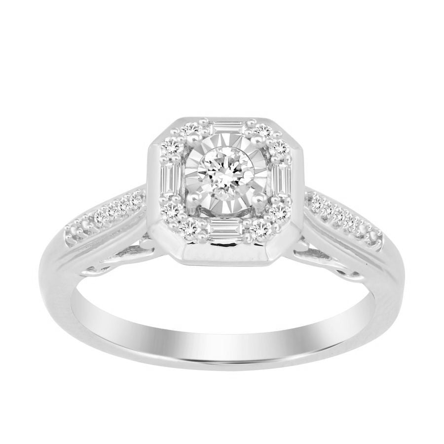 LADIES RING 0.25CT ROUND/BAGUETTE DIAMOND 10K WHITE GOLD