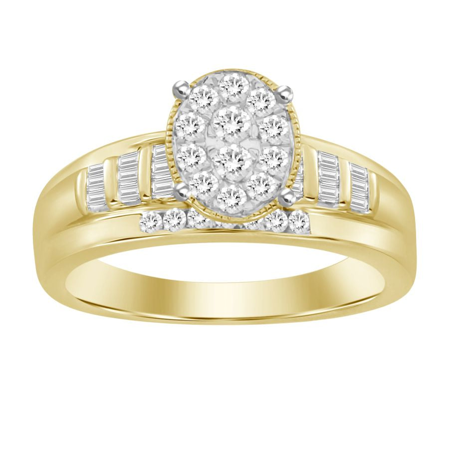 LADIES RING 0.50CT ROUND/BAGUETTE DIAMOND 10K YELLOW GOLD