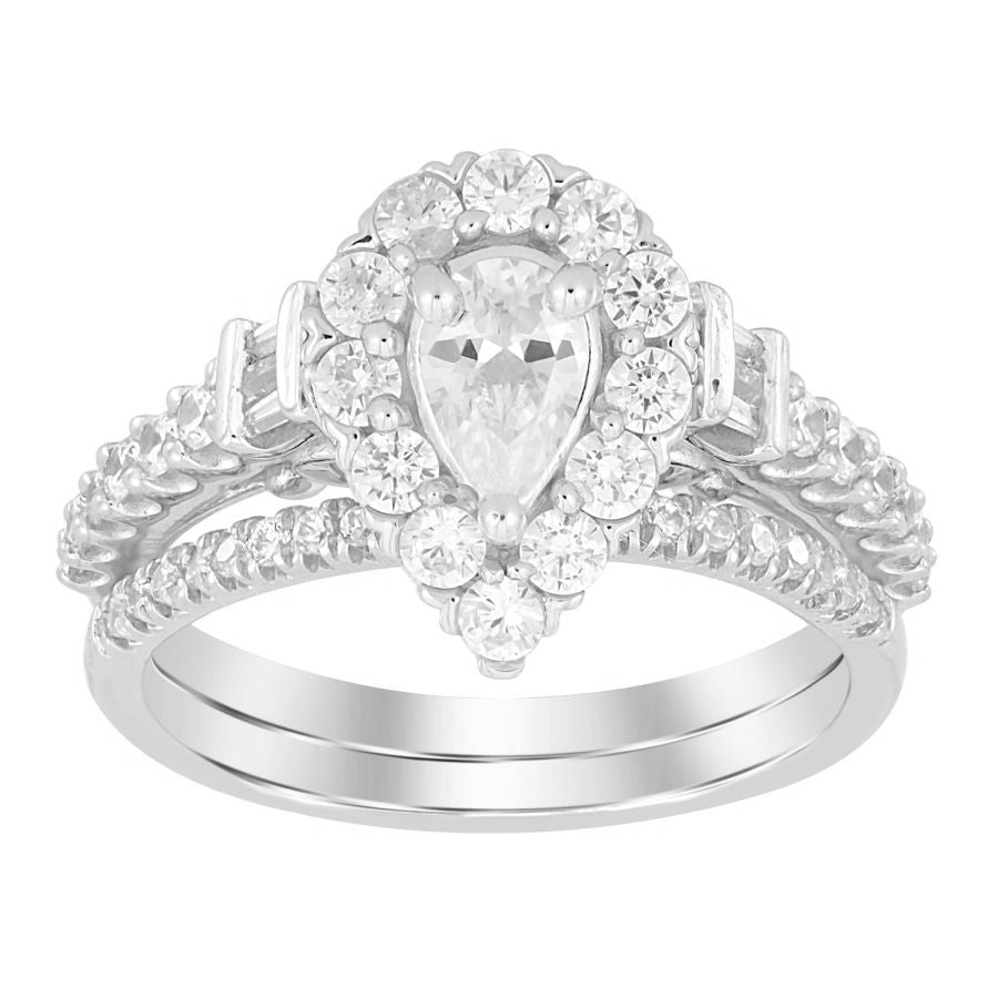 LADIES BRIDAL SET 1.50CT ROUND/BAGUETTE DIAMOND 14K WHITE GOLD (SI QUALITY) (CENTER STONE 0.50CT PEAR DIAMOND) 