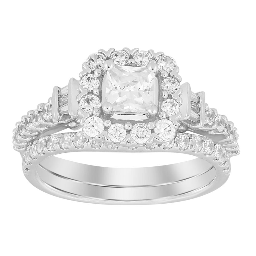 LADIES BRIDAL SET 1.50CT ROUND/BAGUETTE DIAMOND 14K WHITE GOLD (SI QUALITY) (CENTER STONE 0.50CT PRINCESS DIAMOND) 