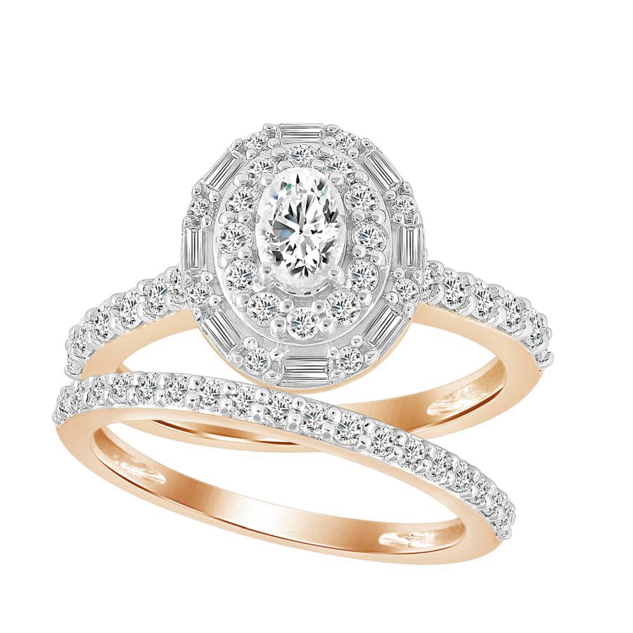 LADIES BRIDAL SET 1.25CT ROUND/BAGUETTE DIAMOND 14K ROSE GOLD (CENTER STONE 0.33CT OVAL DIAMOND) 