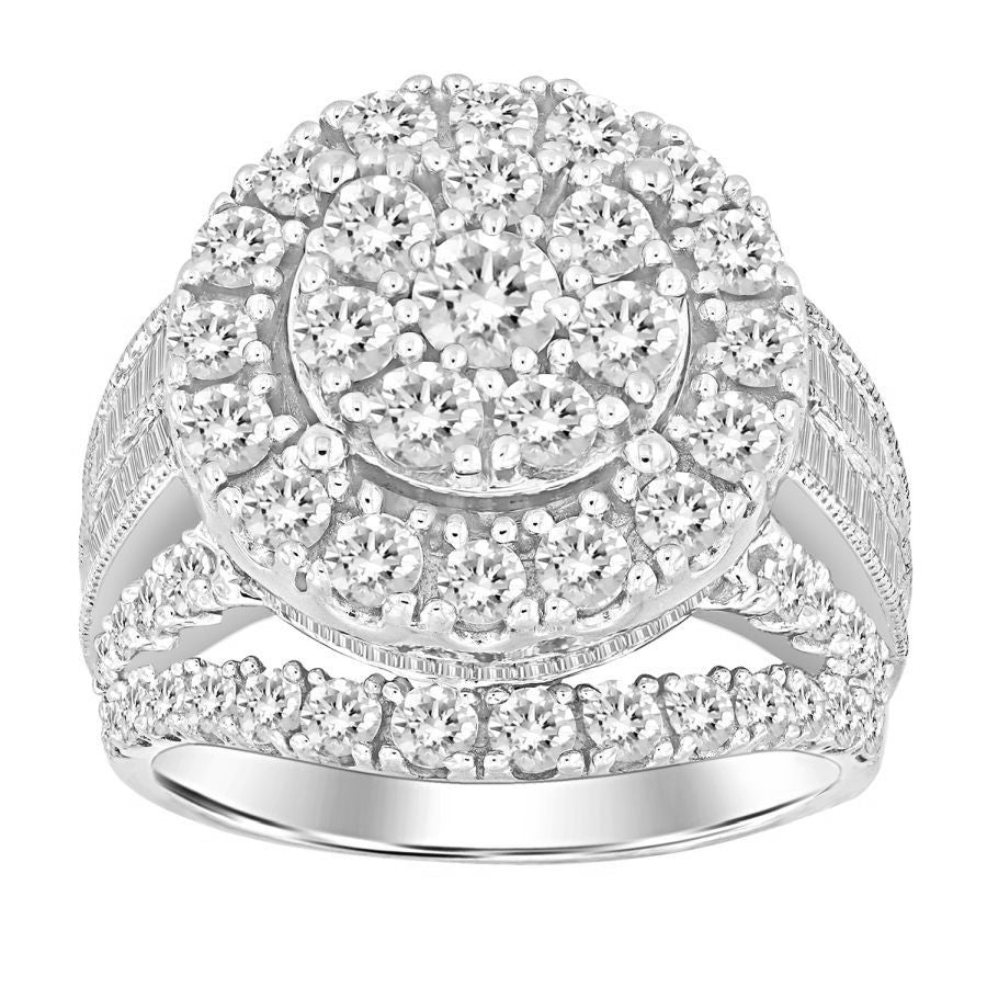 LADIES FASHION RING 3.00CT ROUND/BAGUETTE DIAMOND 10K WHITE GOLD