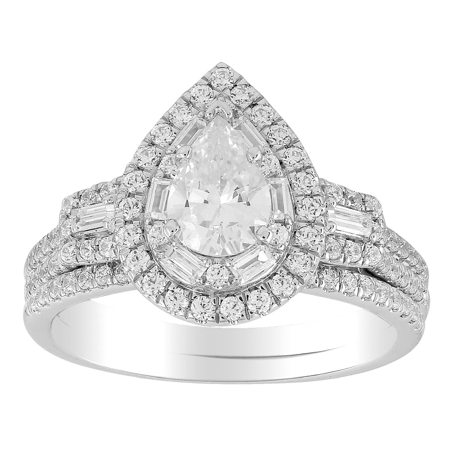 LADIES BIRDAL RING 1.50CT ROUND/BAGUETTE/PEAR DIAMOND 14K WHITE GOLD (SI QUALITY) (CENTER STONE 0.75CT PEAR DIAMOND) 