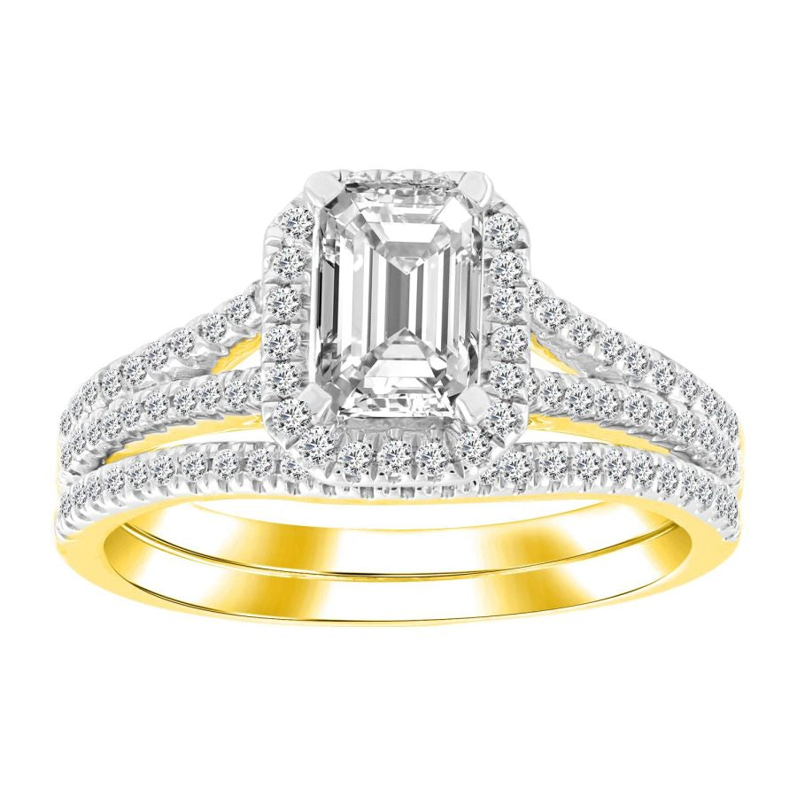 LADIES BRIDAL SET 1.50CT ROUND DIAMOND 14K YELLOW GOLD (SI QUALITY) (CENTER STONE 1.00CT EMERALD DIAMOND) 