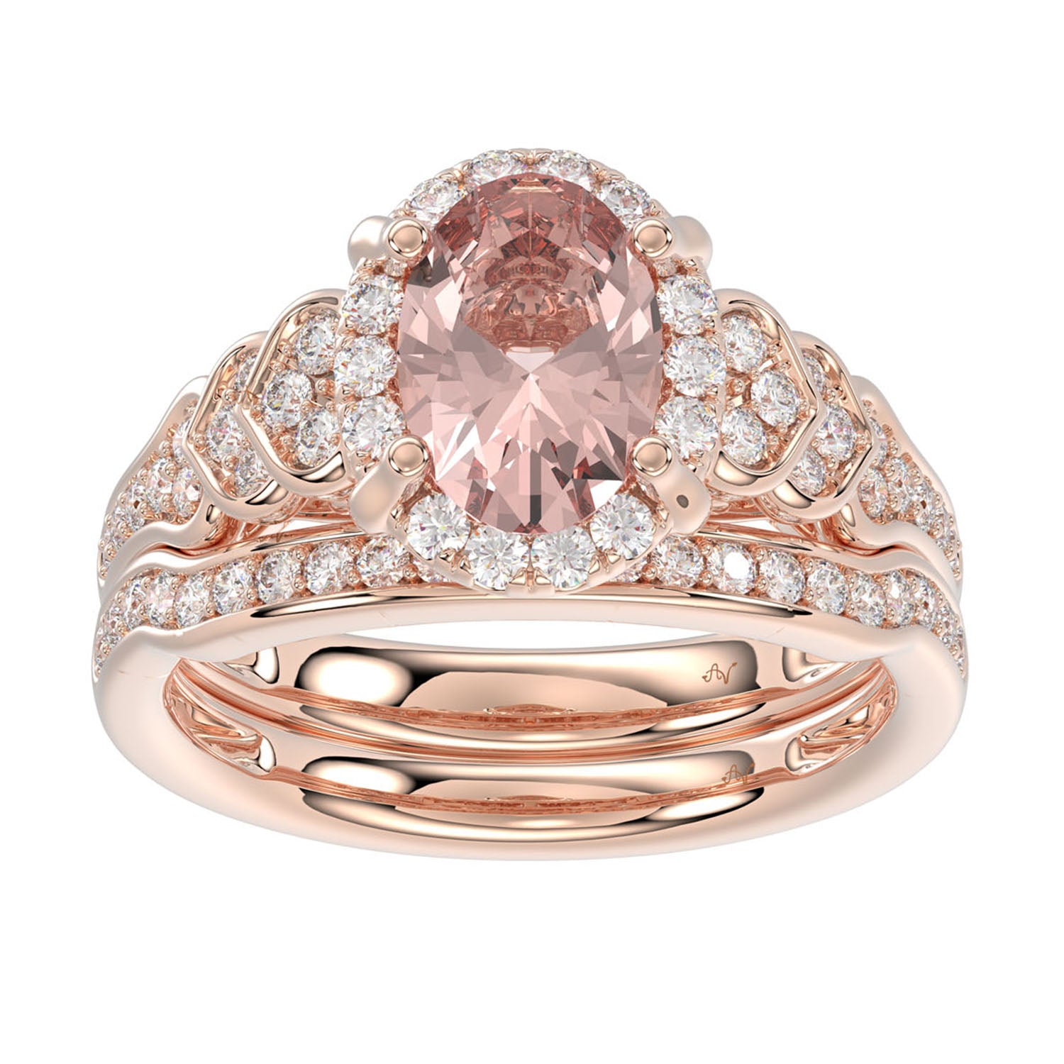 LADIES BRIDAL SET 1.65CT ROUND/OVAL DIAMOND 14K ROSE GOLD  (PEACH MORGANITE OVAL DIAMOND 1.13CT)